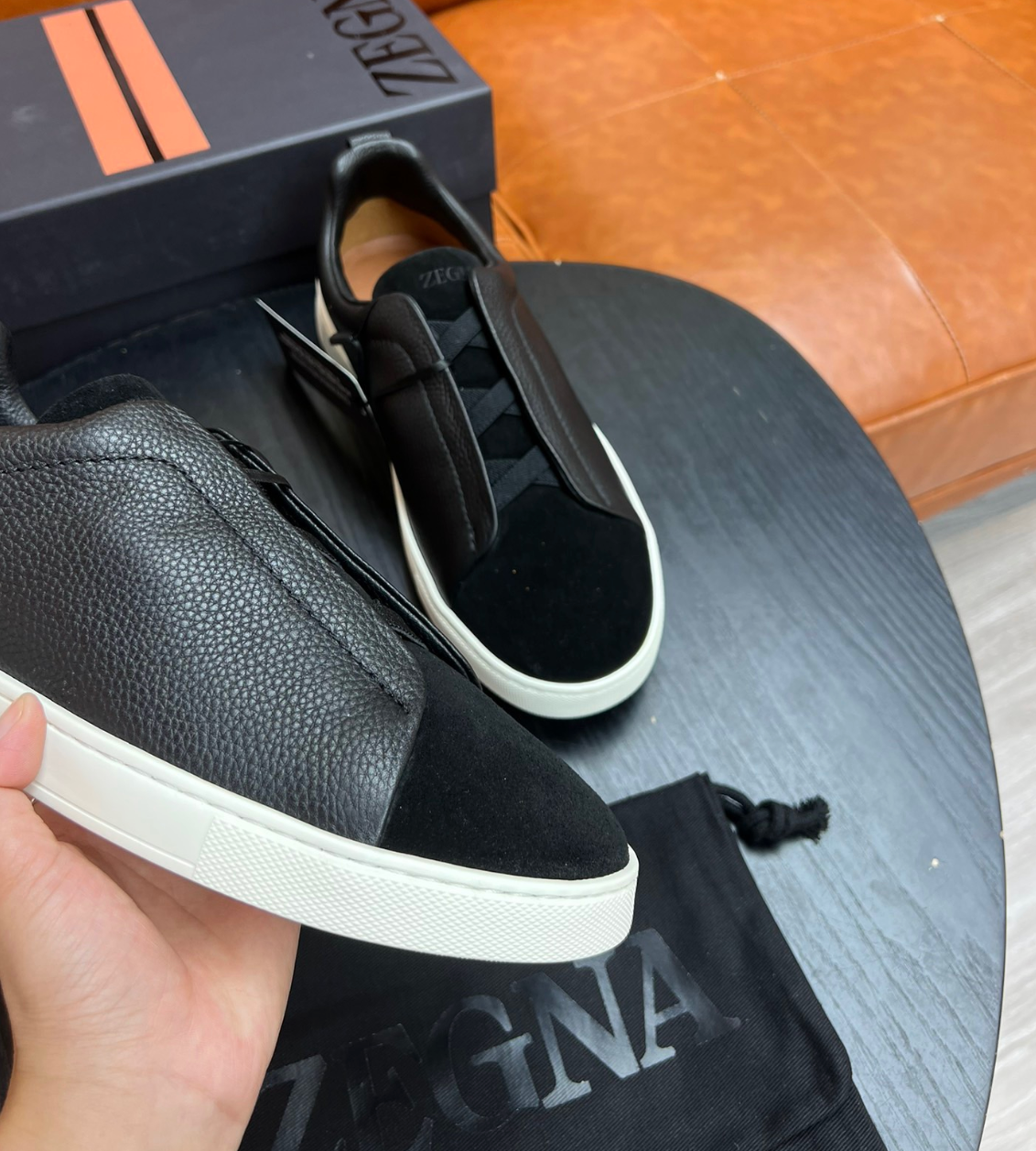 Ermenegildo Zegna Black Triple stitch Leather & suede