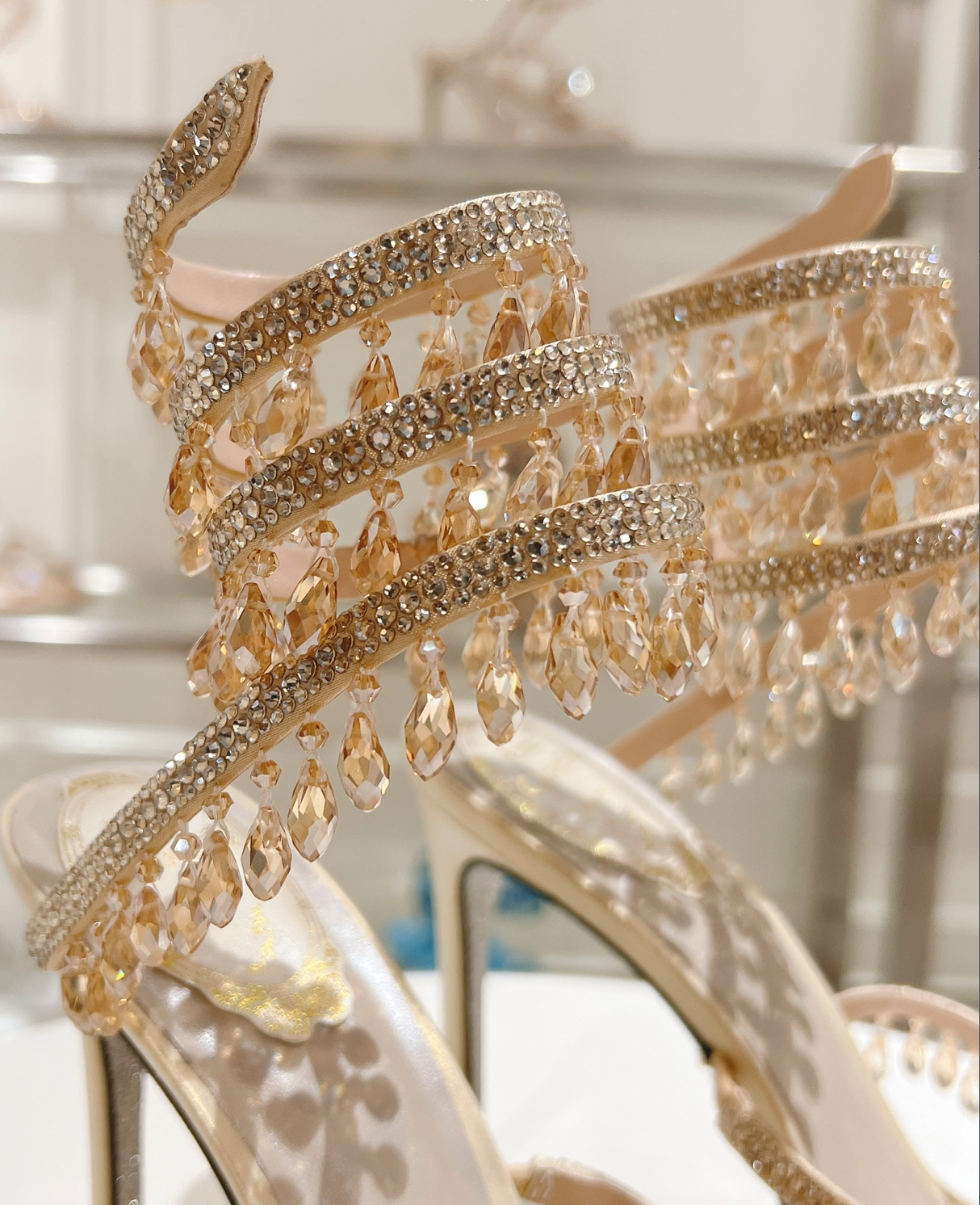 Chandelier embellished Taupe satin sandals with rhinestones
