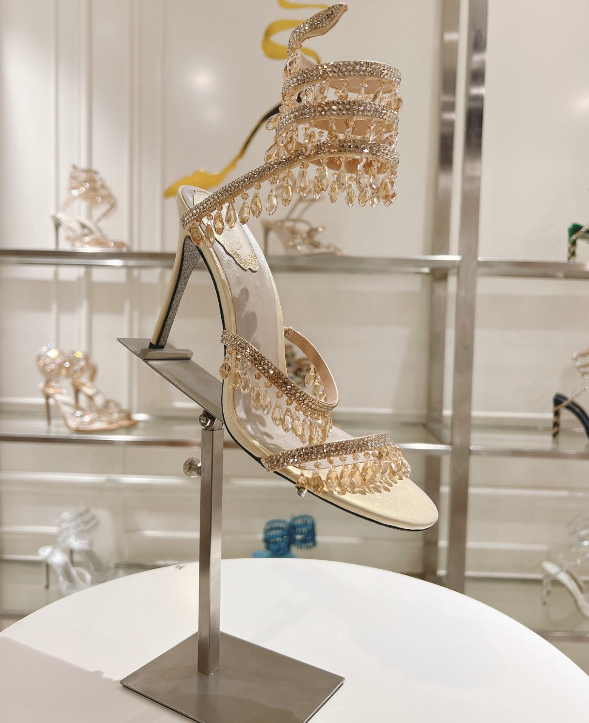 Chandelier embellished Taupe satin sandals with rhinestones