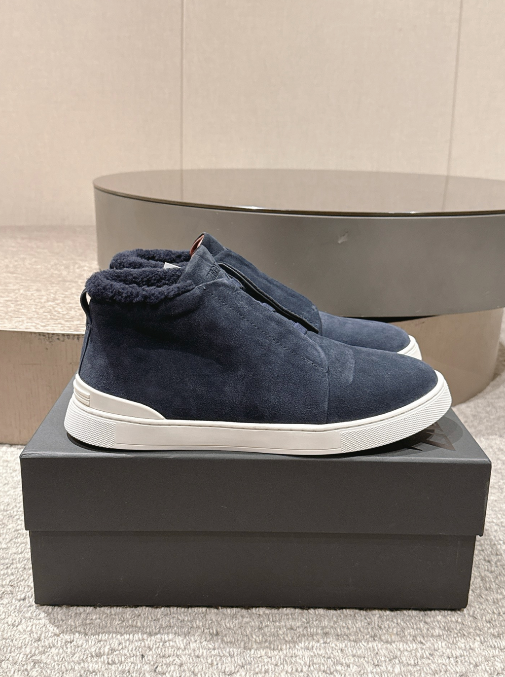 Ermenegildo Zegna navy suede deerskin wool Triple Stitch mid-top
