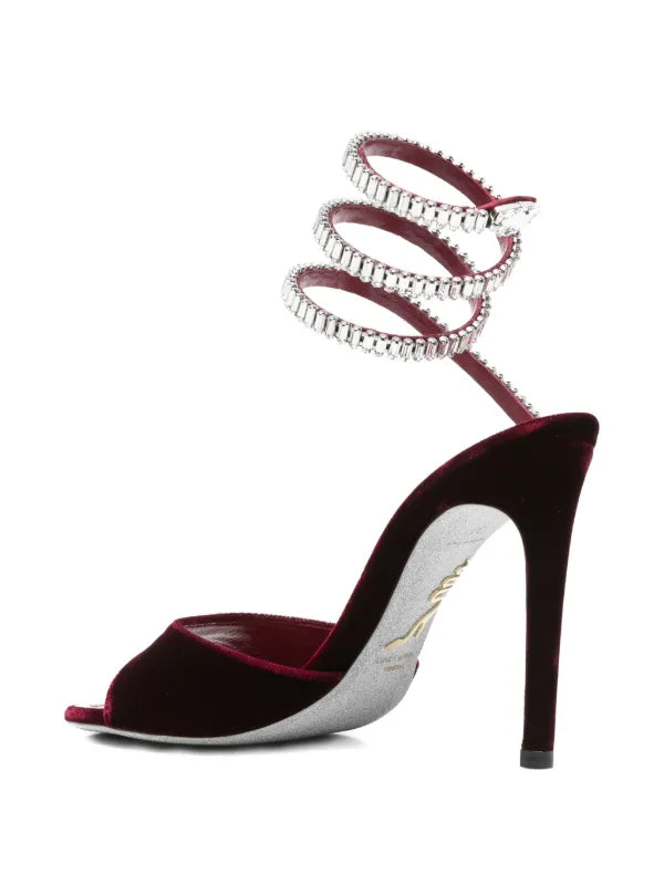 Cleo Spark stiletto sandal in Burgundy velvet with rhinestone embellishments
