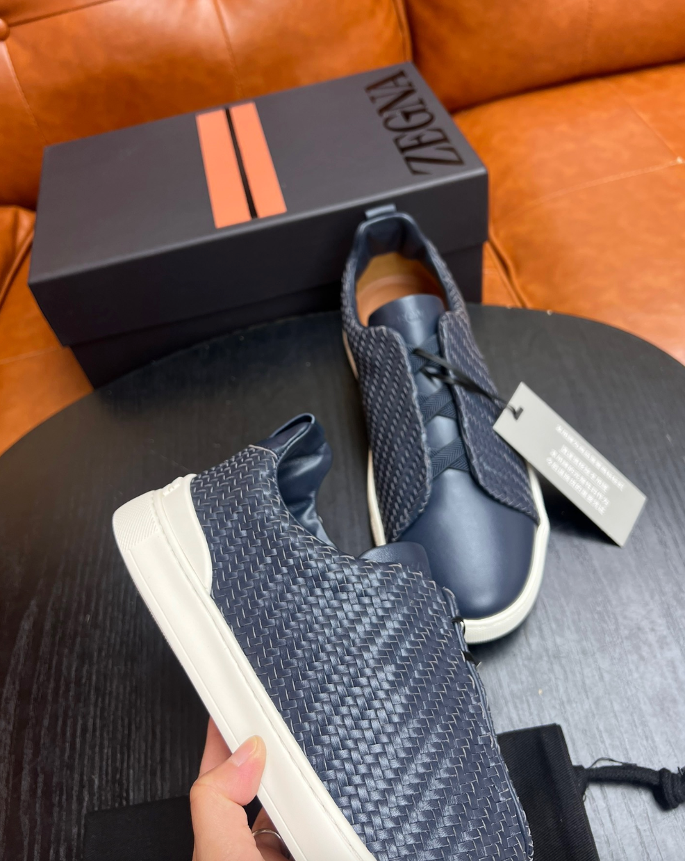 Ermenegildo Zegna Navy Triple stitch PELLETESSUTA Leather