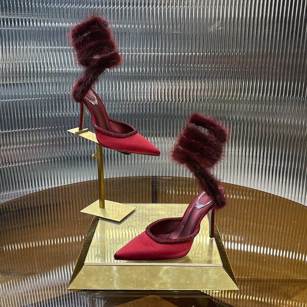 Cleo Fur-Trimmed Pump Stiletto Sandals in Burgundy