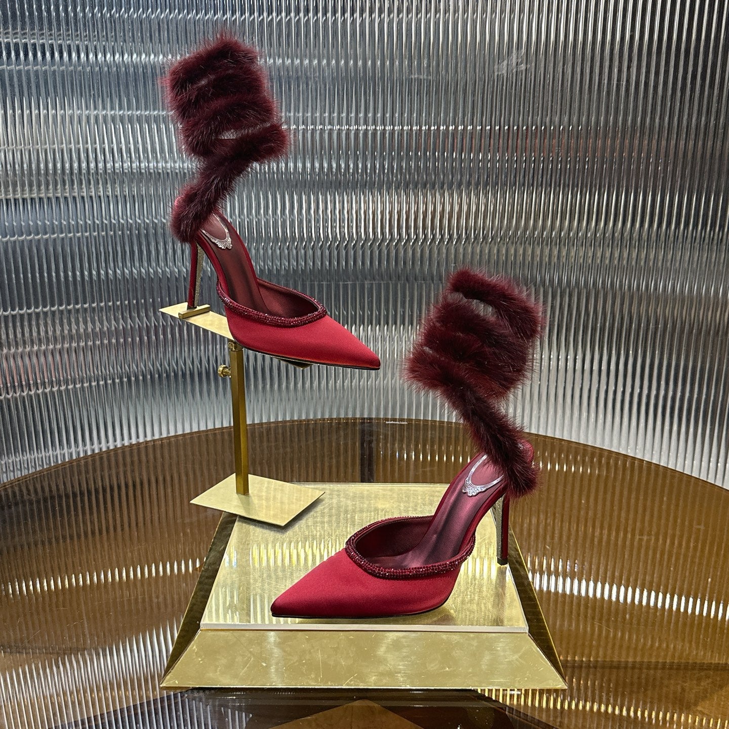 Cleo Fur-Trimmed Pump Stiletto Sandals in Burgundy