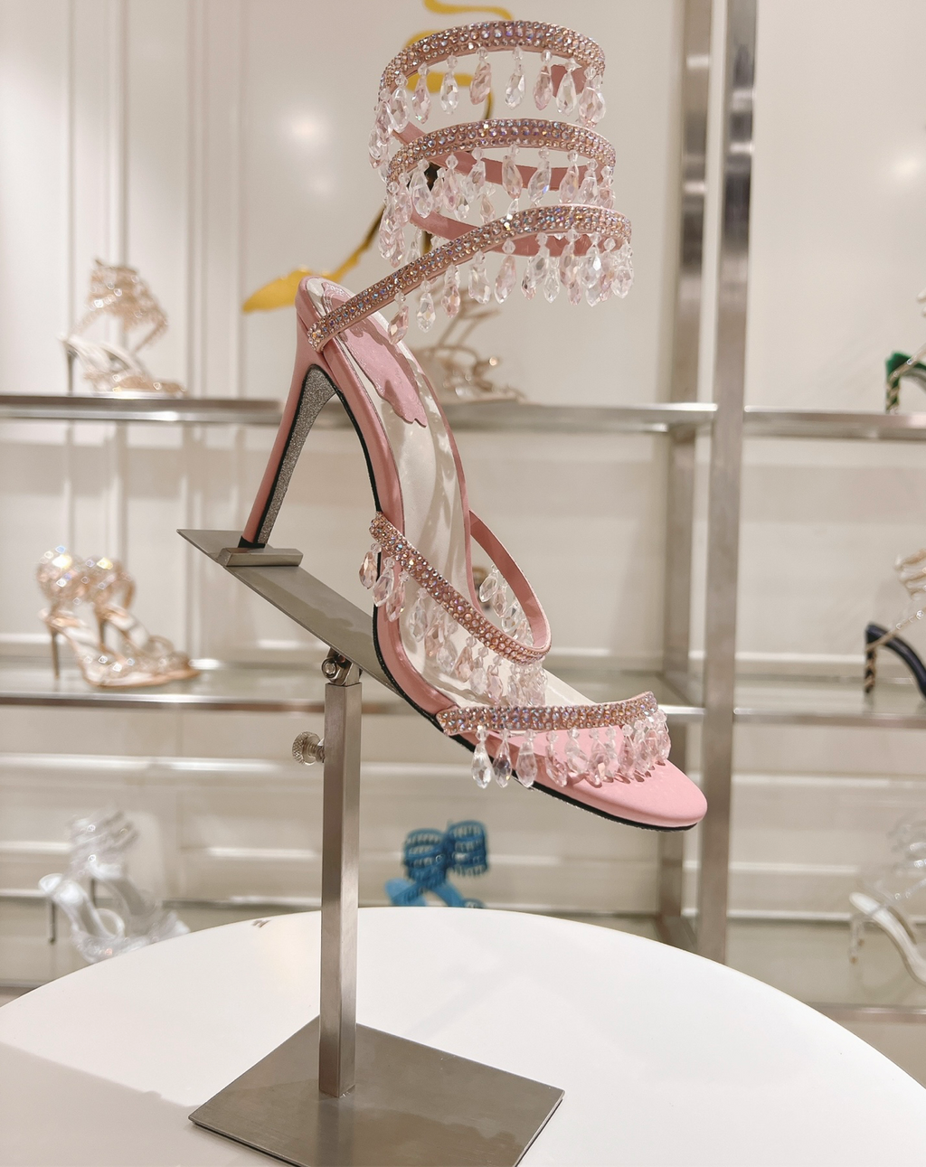 Chandelier embellished Pink satin sandals with rhinestones