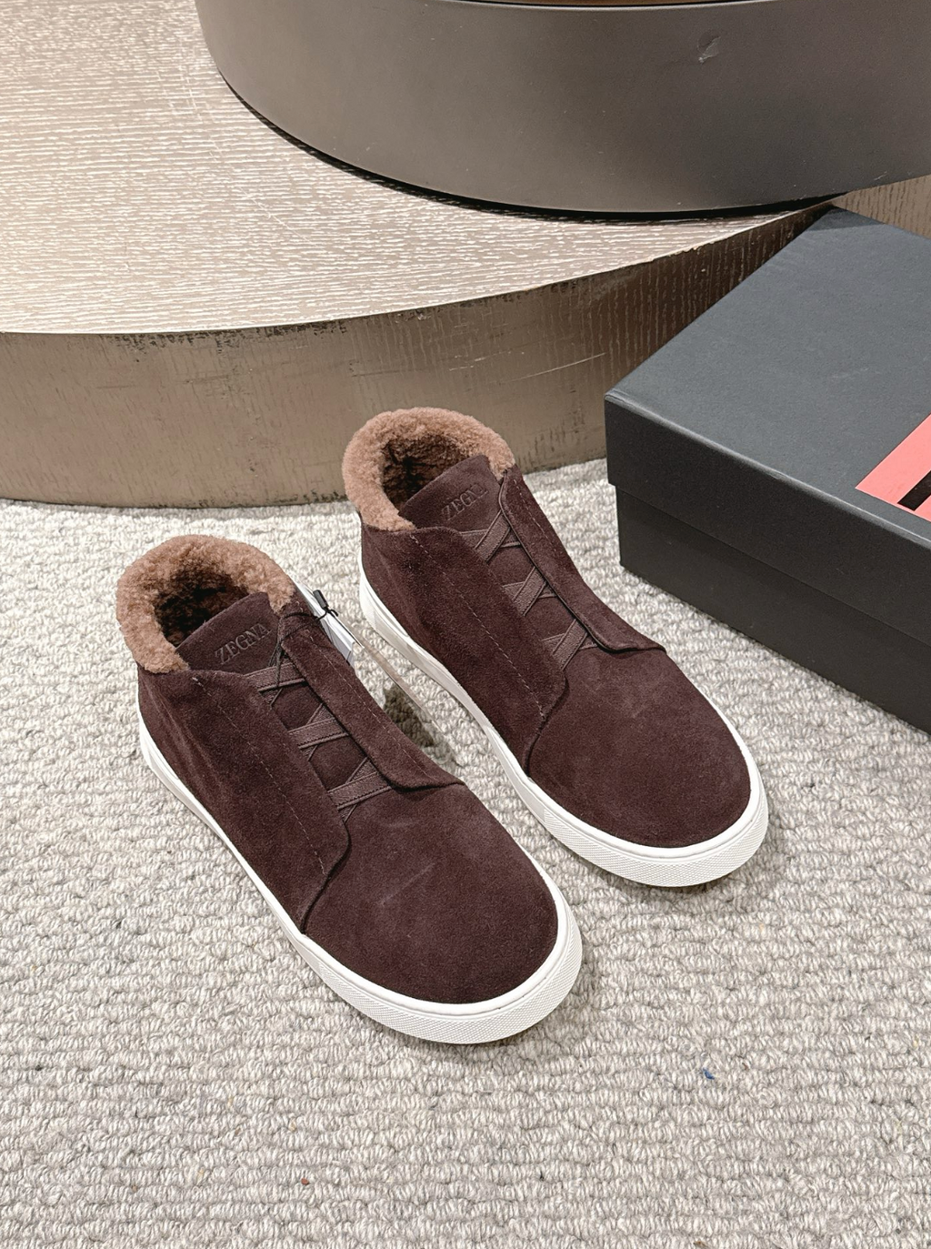Ermenegildo Zegna brown suede deerskin wool Triple Stitch mid-top
