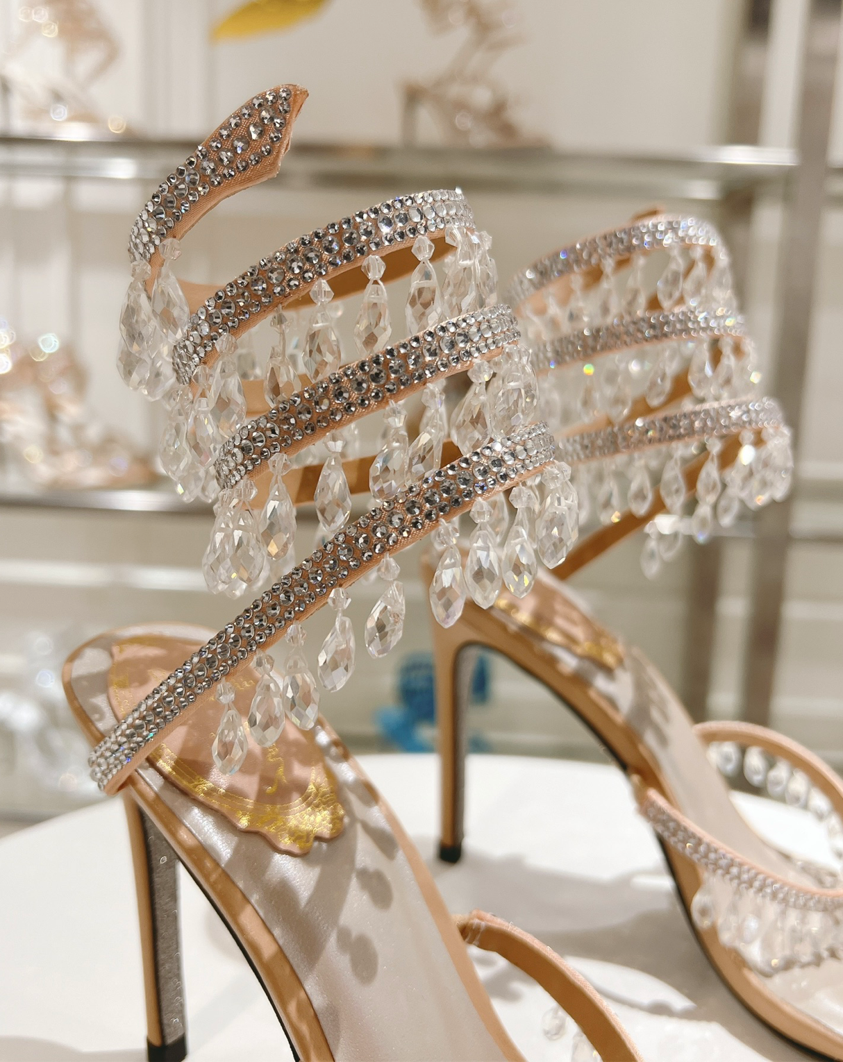 Chandelier embellished Multicolor satin sandals with clear rhinestones