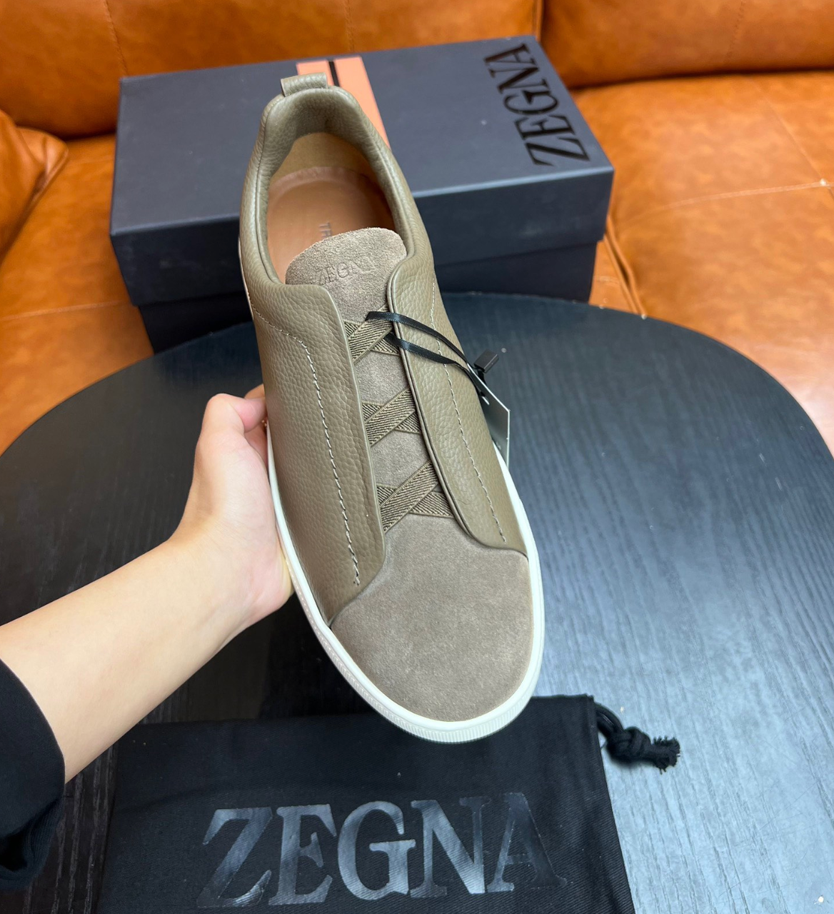 Ermenegildo Zegna Olive Green Triple stitch Leather & suede