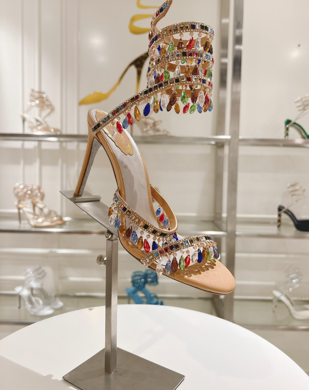 Chandelier embellished Multicolor satin sandals with rhinestones