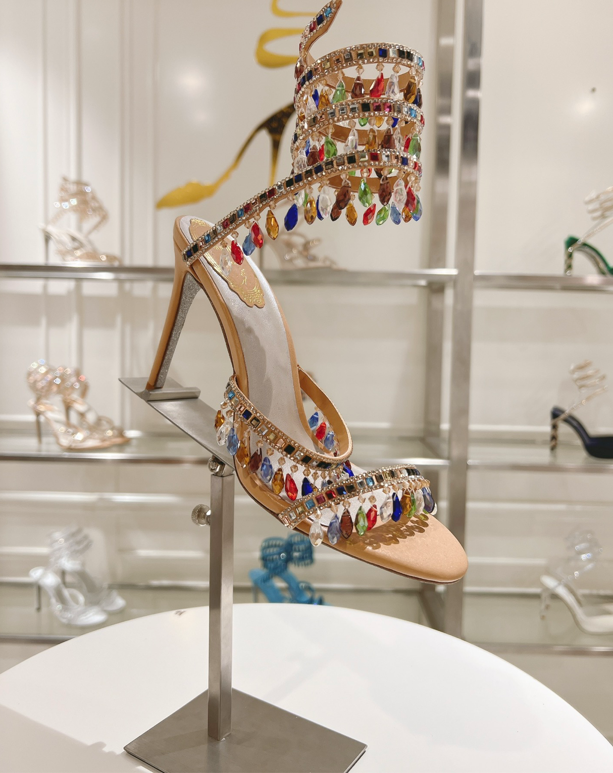Chandelier embellished Multicolor satin sandals with rhinestones