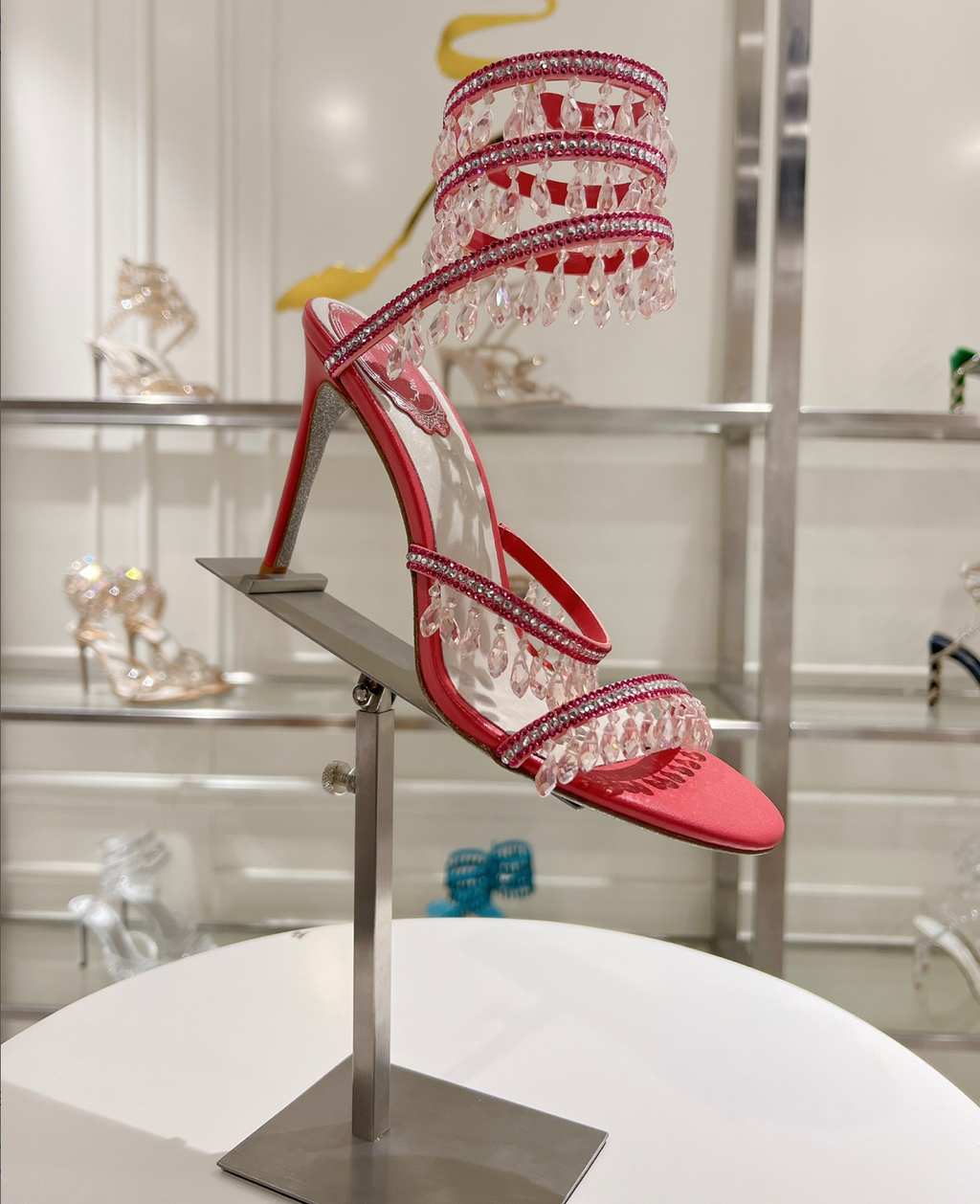 Chandelier embellished Red satin sandals with clear rhinestones