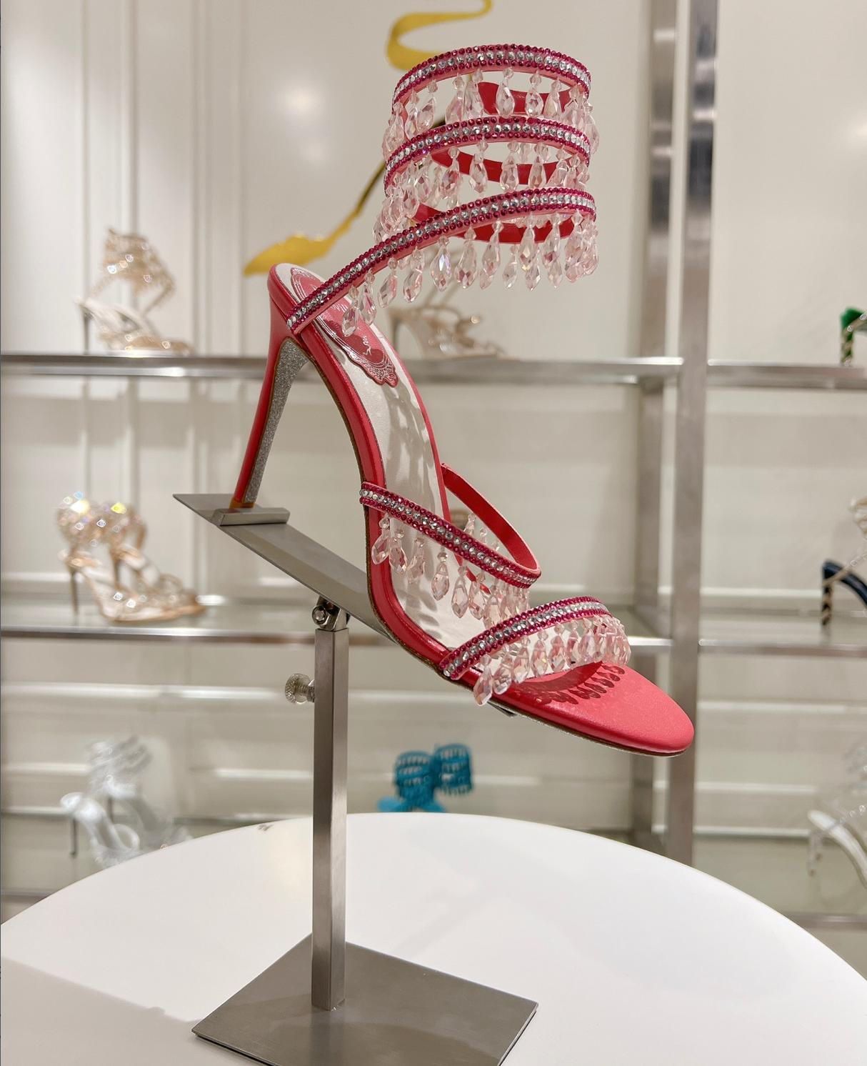 Chandelier embellished Red satin sandals with clear rhinestones