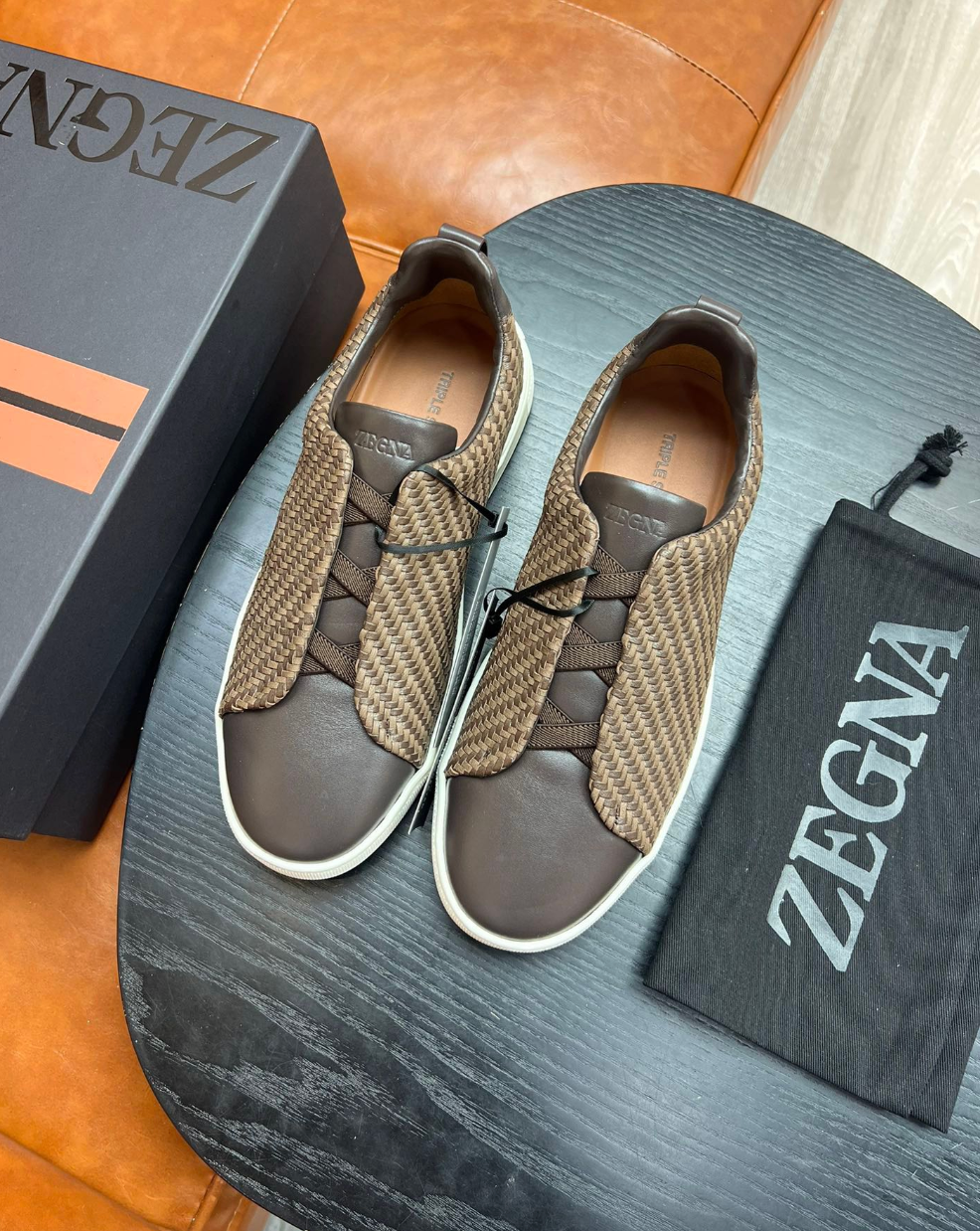 Ermenegildo Zegna Brown Triple stitch PELLETESSUTA Leather