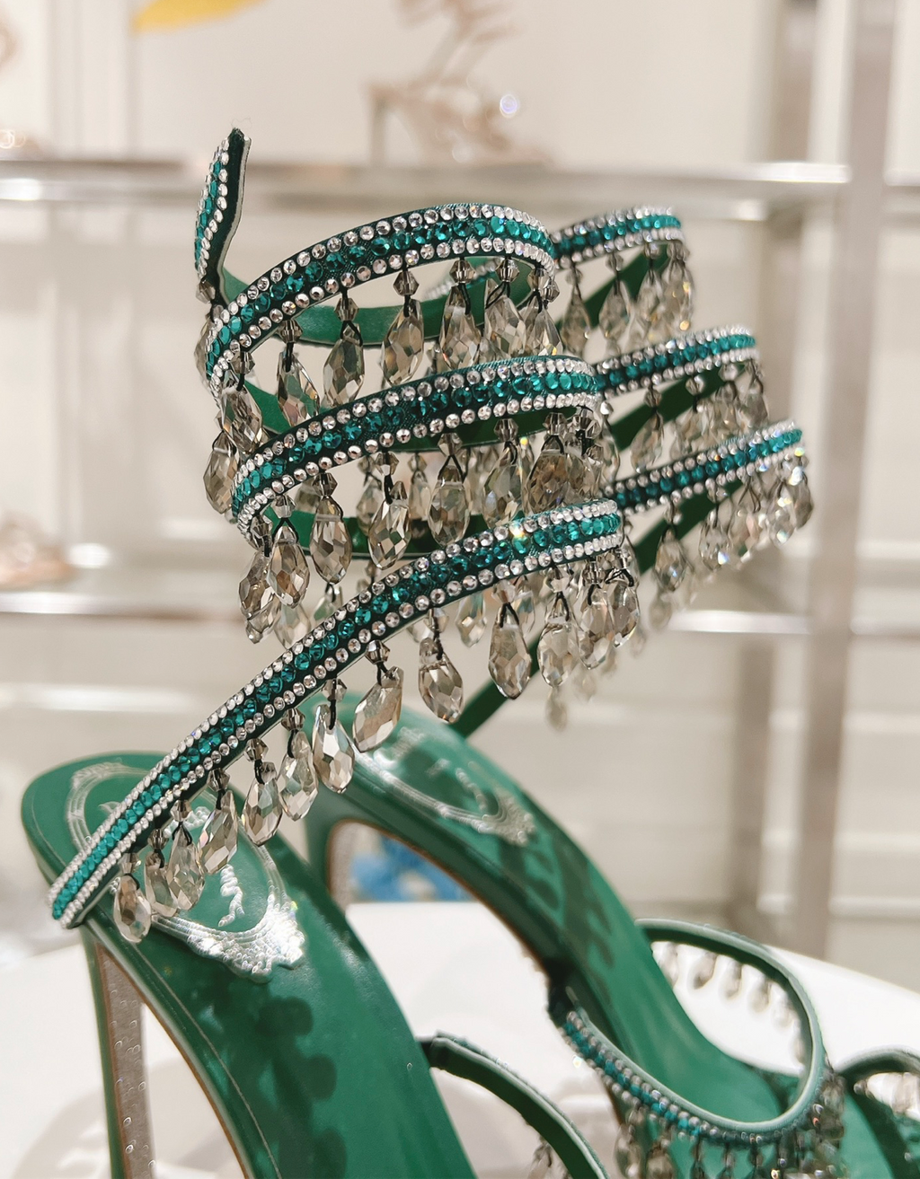 Chandelier embellished Green satin sandals with clear rhinestones