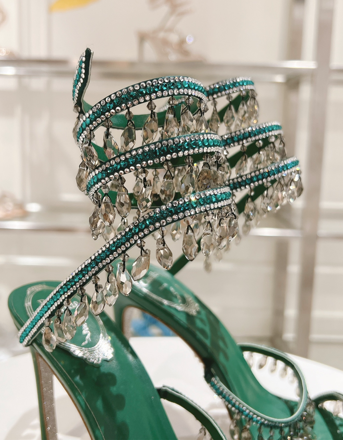 Chandelier embellished Green satin sandals with clear rhinestones