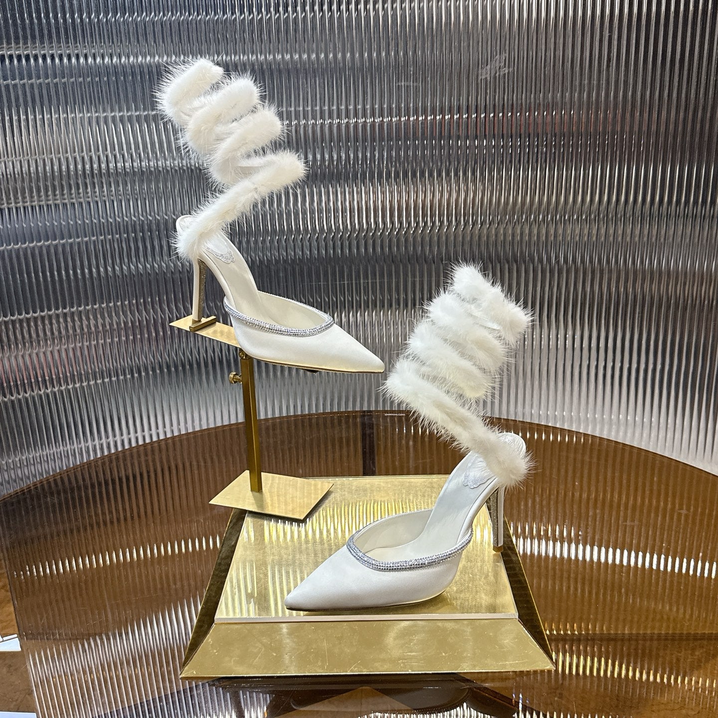 Cleo Fur-Trimmed Pump Stiletto Sandals in White