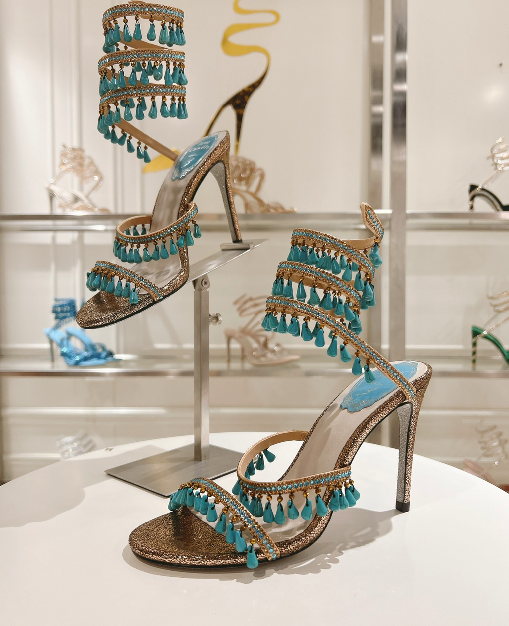 Chandelier embellished Bronze satin sandals with Blue rhinestones