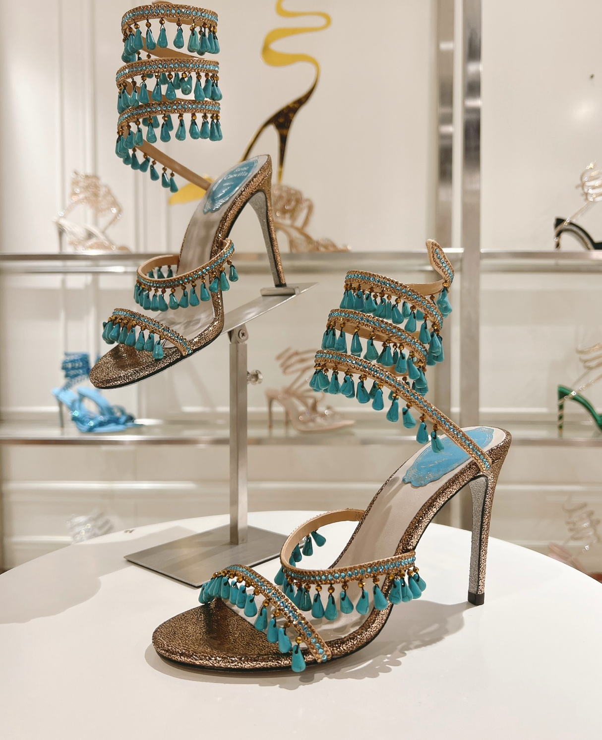 Chandelier embellished Bronze satin sandals with Blue rhinestones