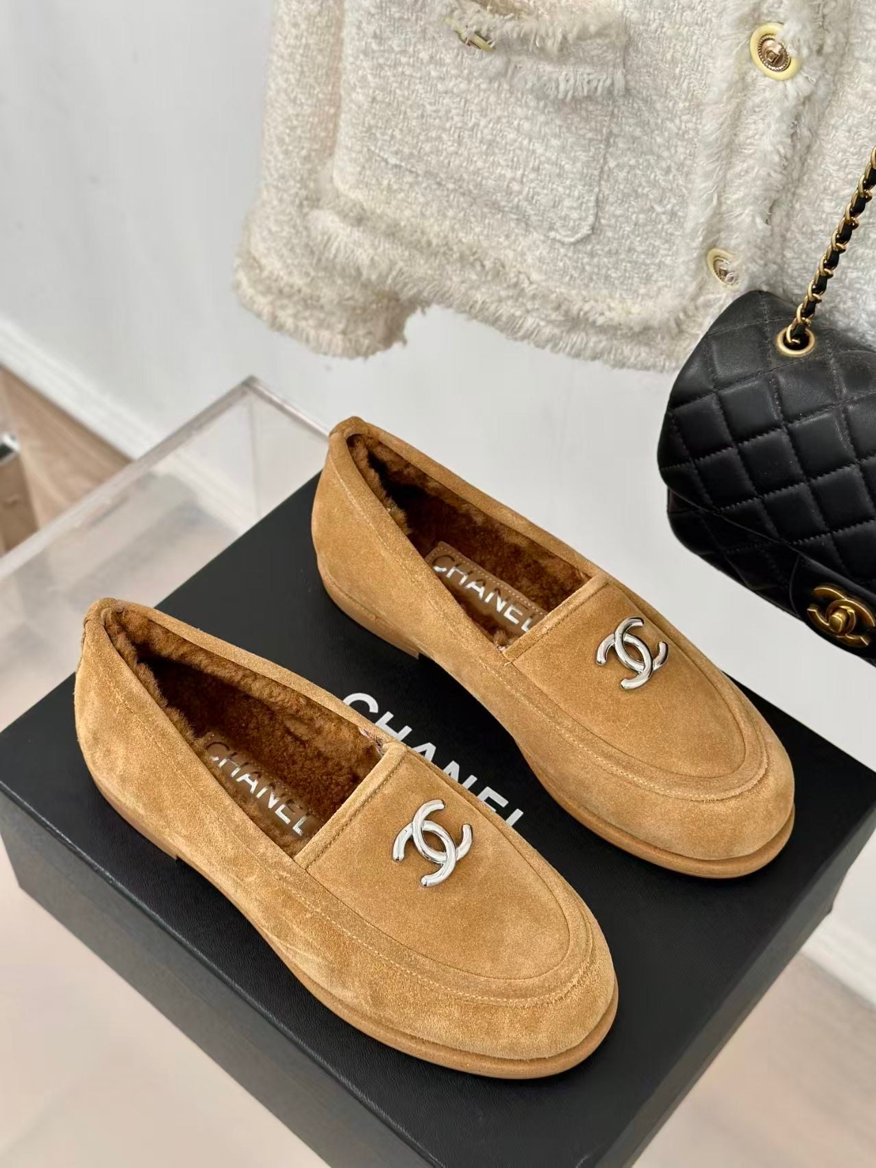 CHANEL Suede Calfskin Loafers Dark Beige