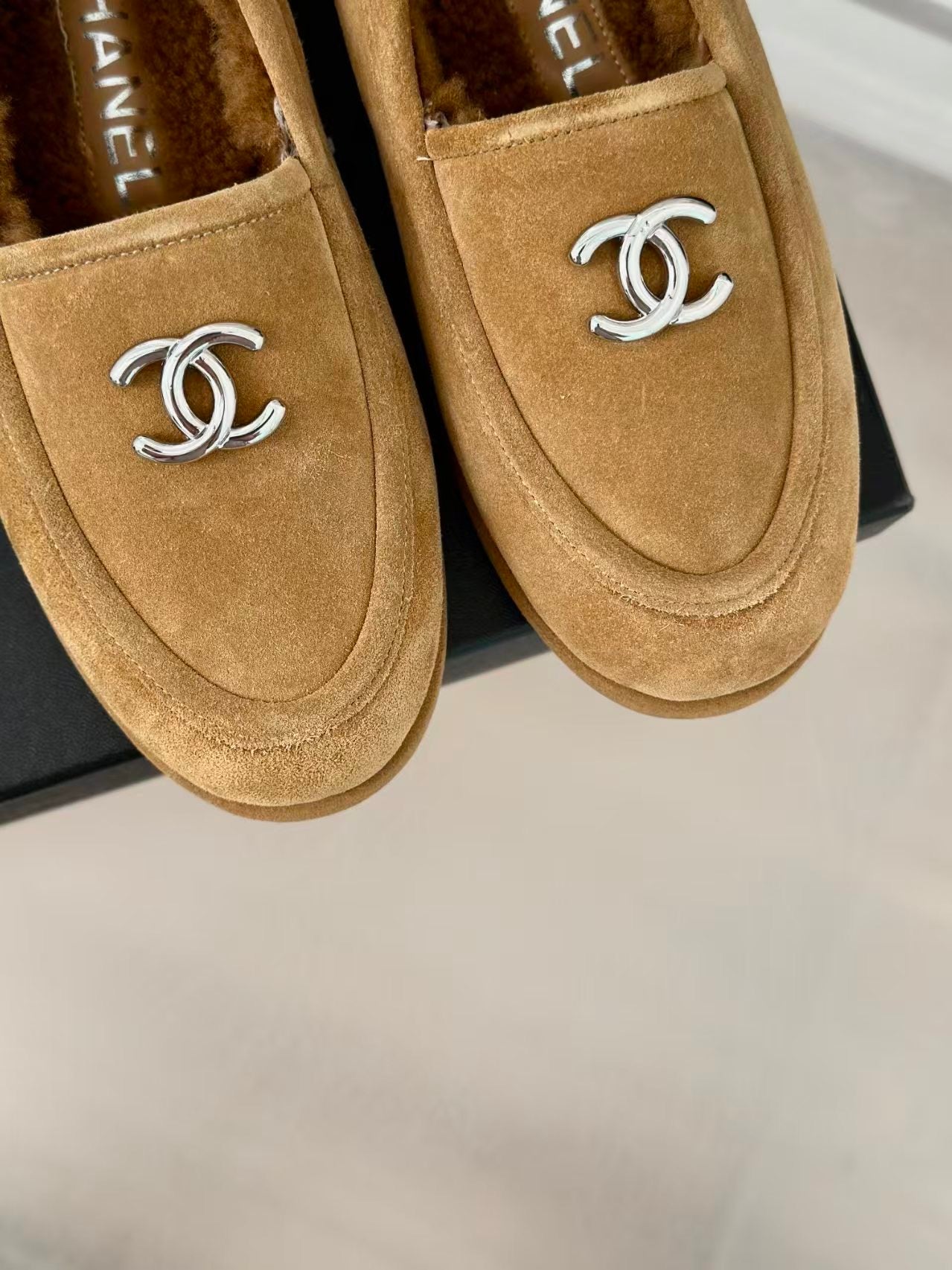 CHANEL Suede Calfskin Loafers Dark Beige