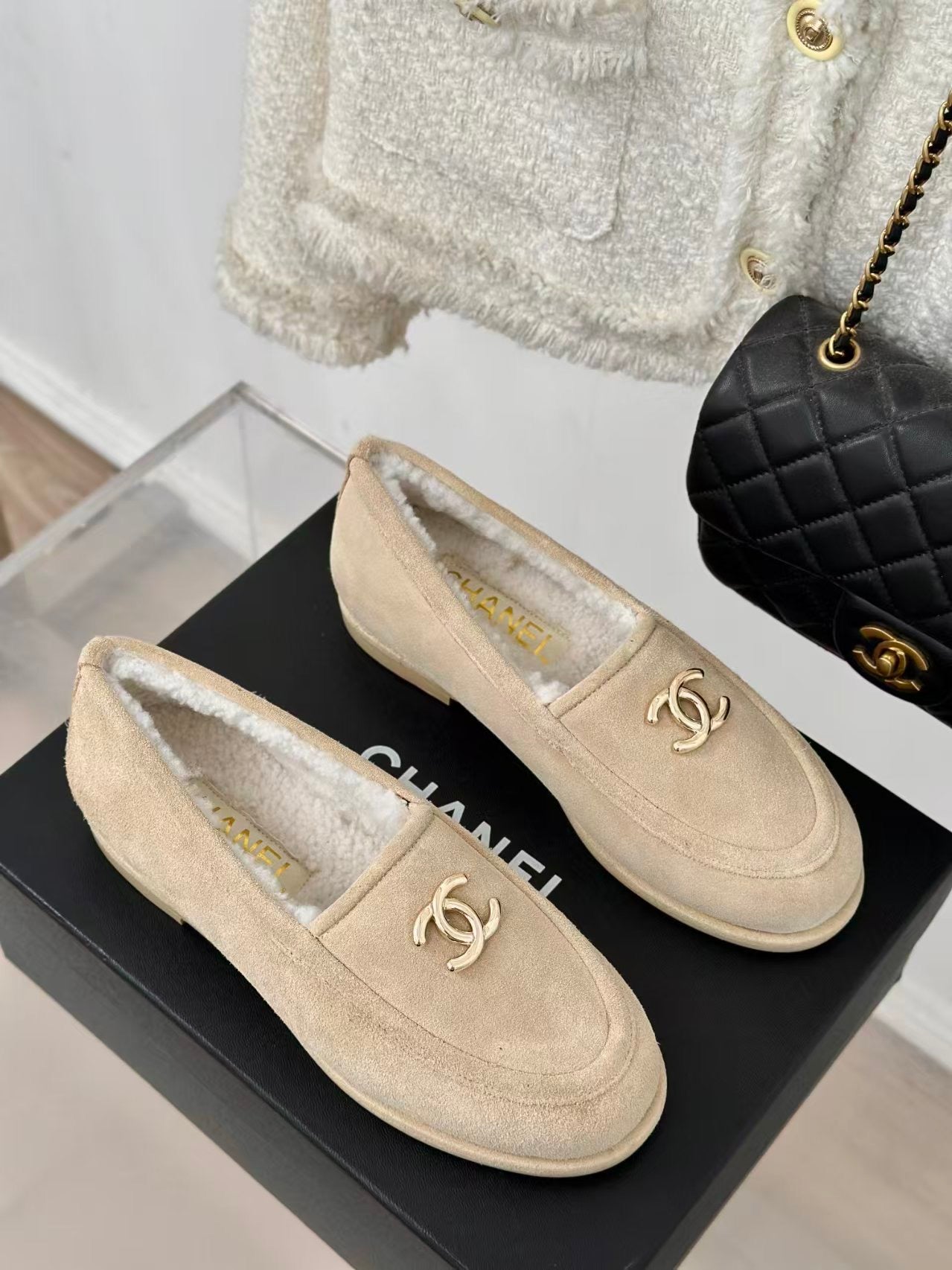 CHANEL Suede Calfskin Loafers Sand