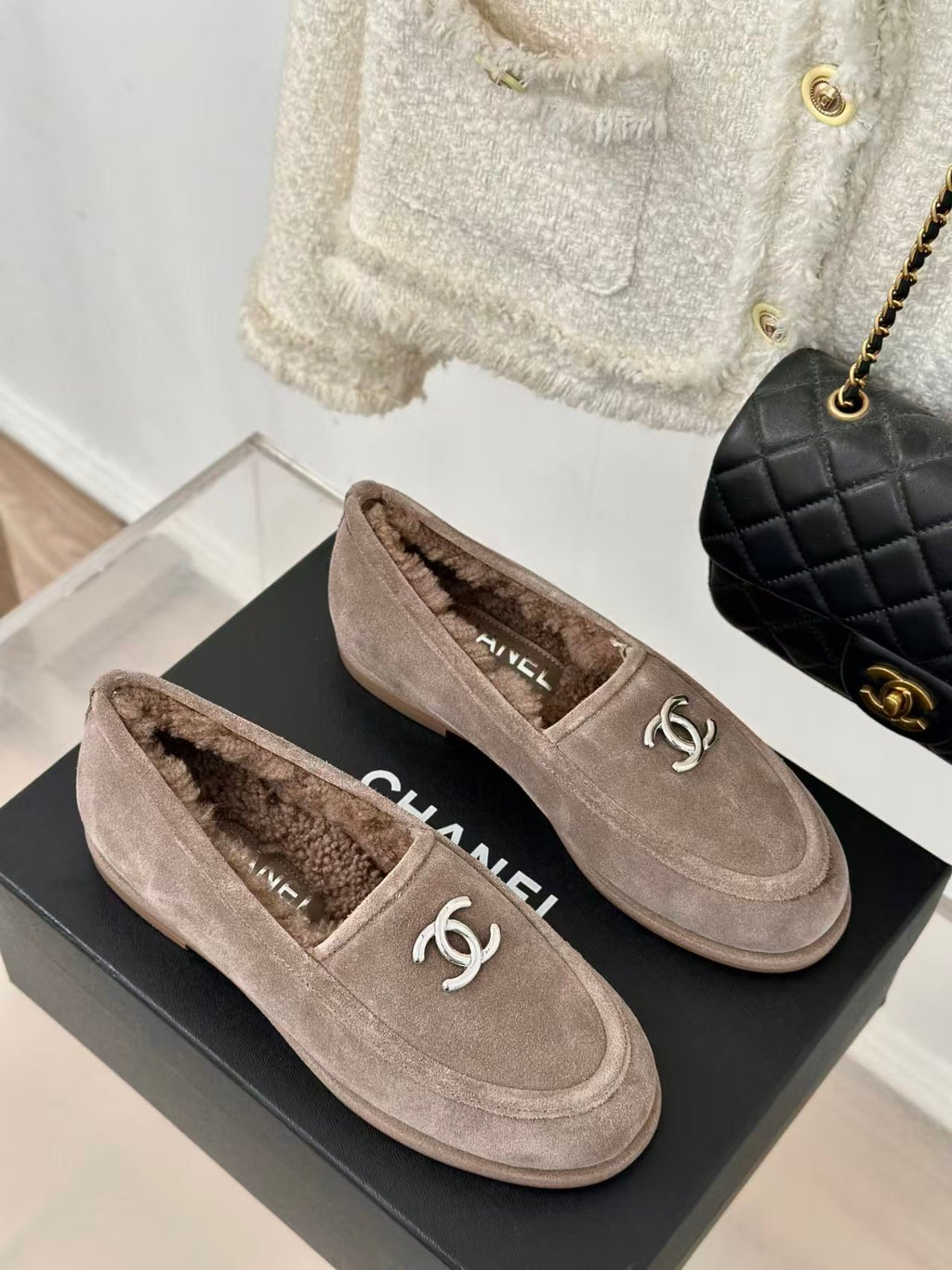 CHANEL Suede Calfskin Loafers Greige