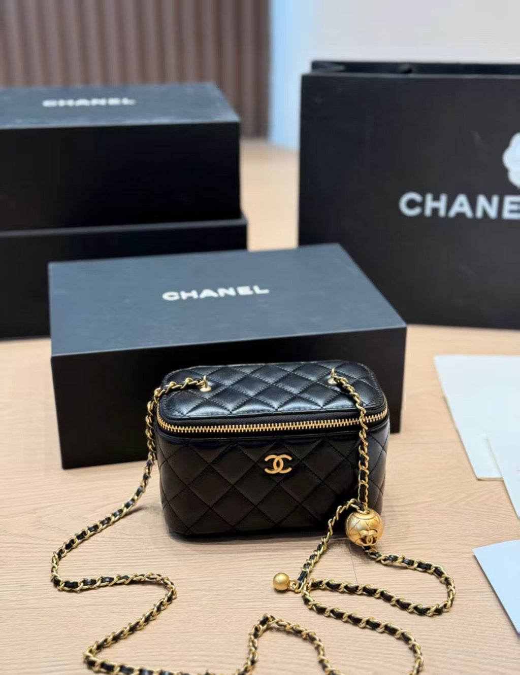 Chanel Small Vanity on Chain Pearl Crush Black Lambskin