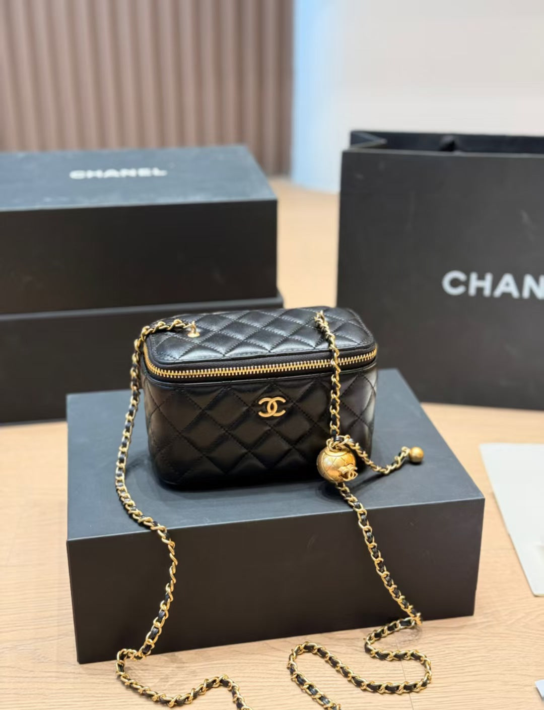 Chanel Small Vanity on Chain Pearl Crush Black Lambskin