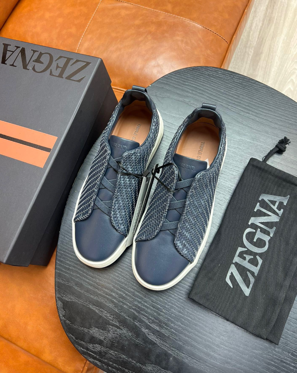 Ermenegildo Zegna Navy Triple stitch PELLETESSUTA Leather