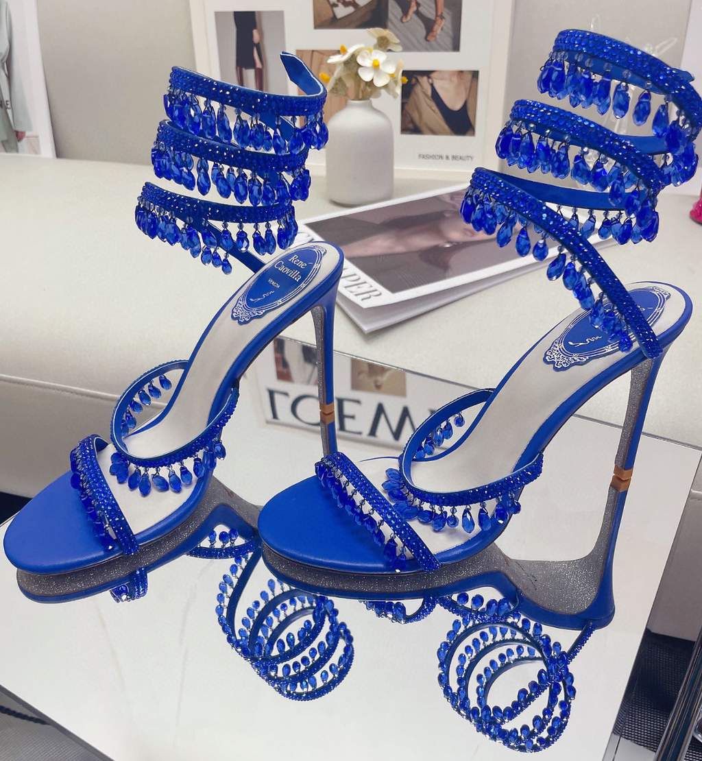 Chandelier embellished Blue satin sandals with Blue rhinestones