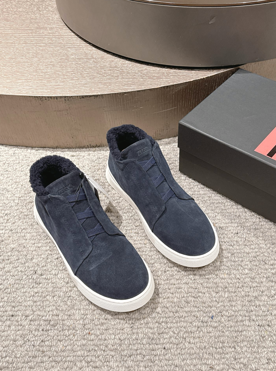 Ermenegildo Zegna navy suede deerskin wool Triple Stitch mid-top