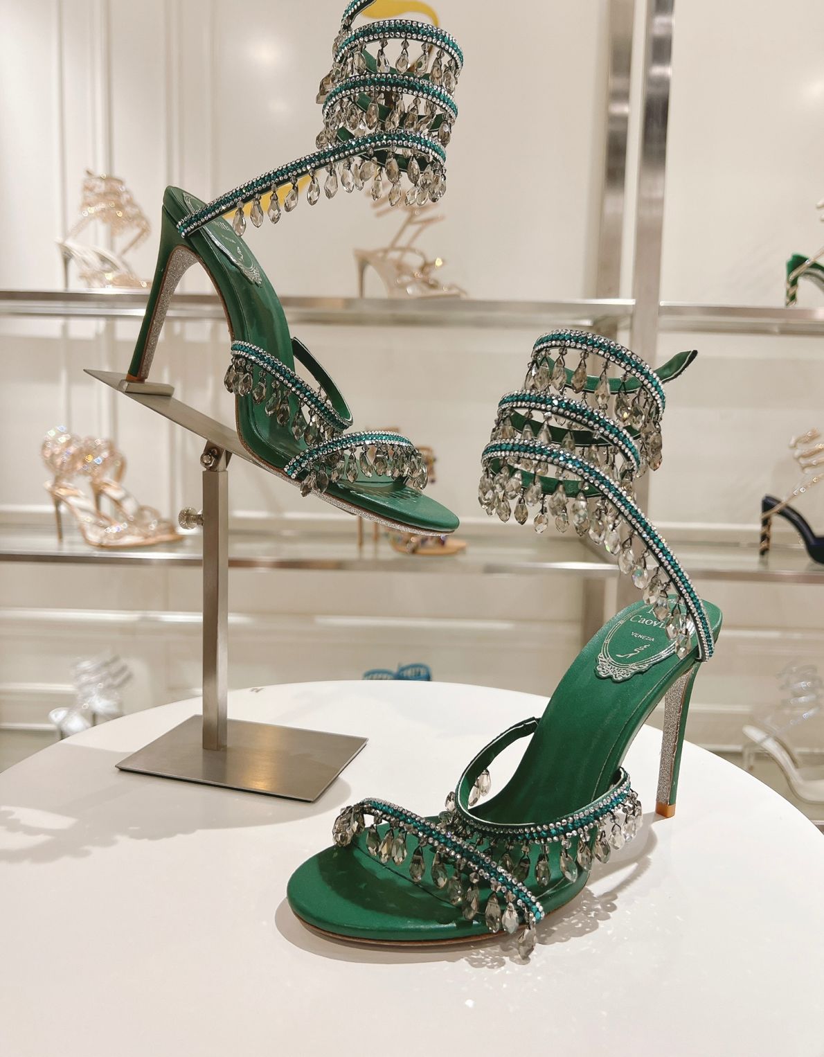 Chandelier embellished Green satin sandals with clear rhinestones