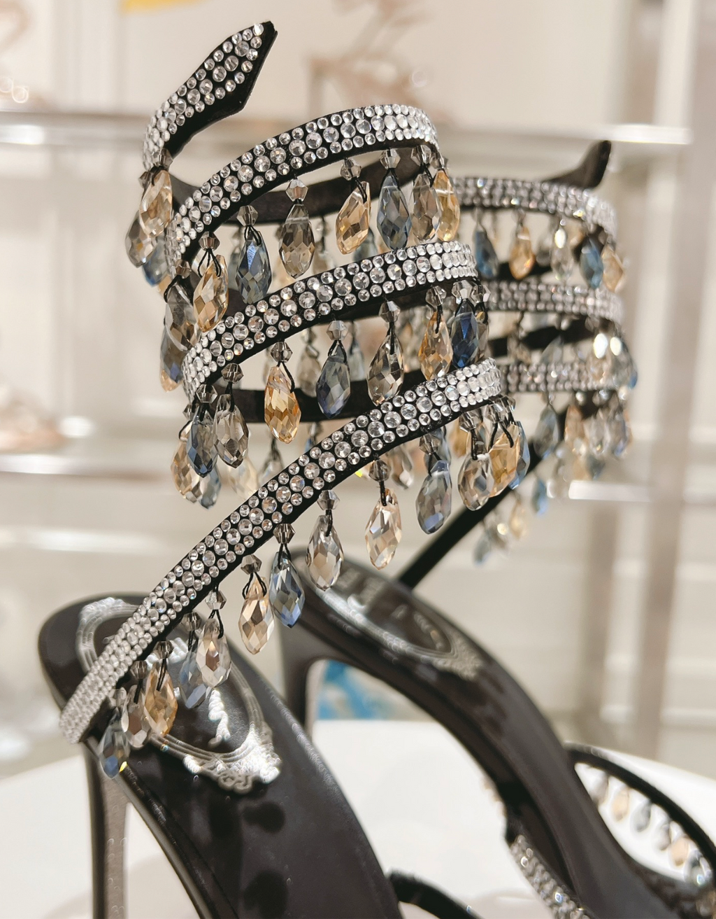 Chandelier embellished Black satin sandals with multicolor rhinestones
