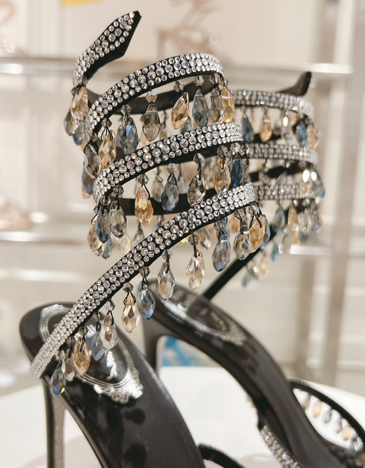 Chandelier embellished Black satin sandals with multicolor rhinestones