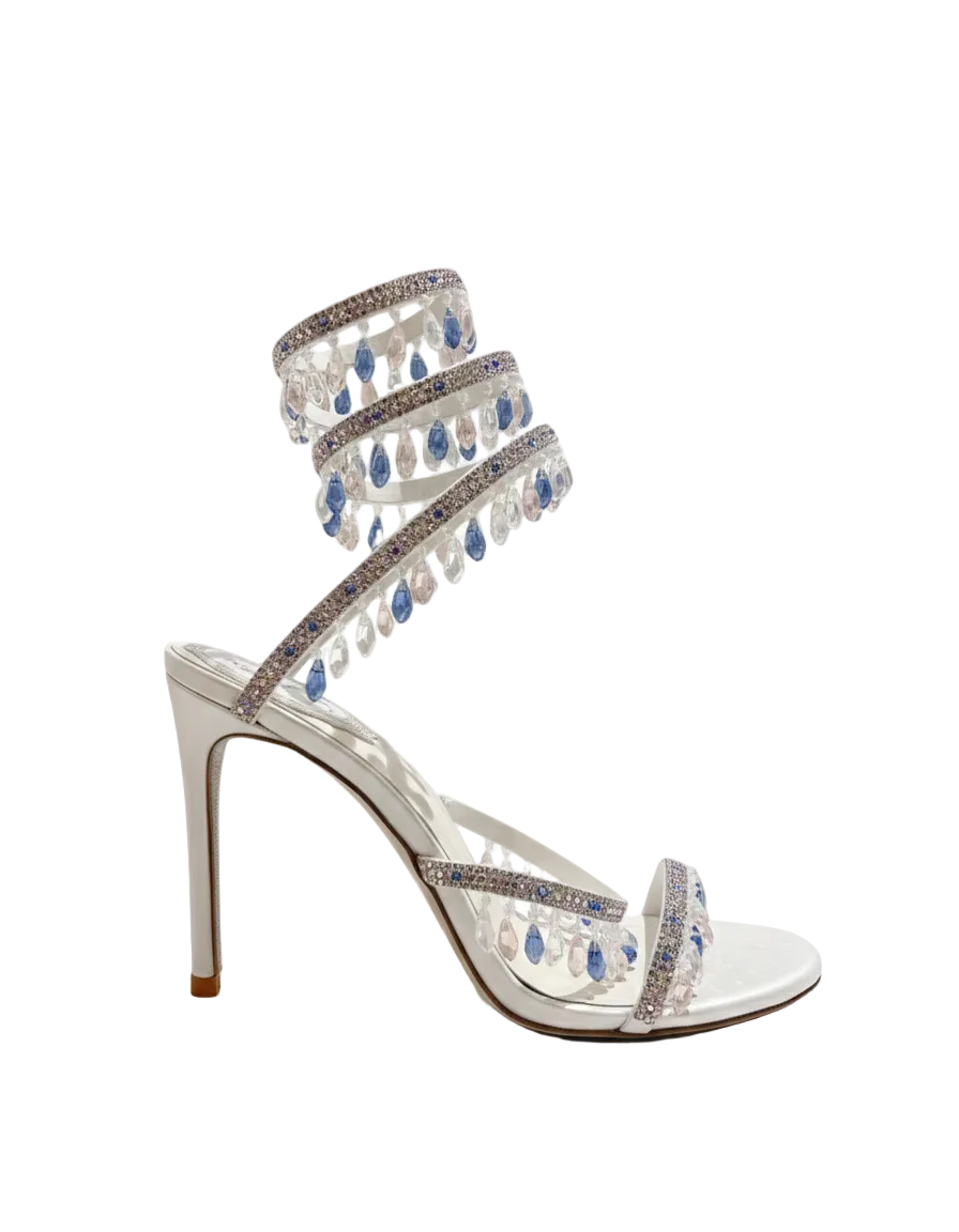 Chandelier embellished White satin sandals with Clear/Blue rhinestones