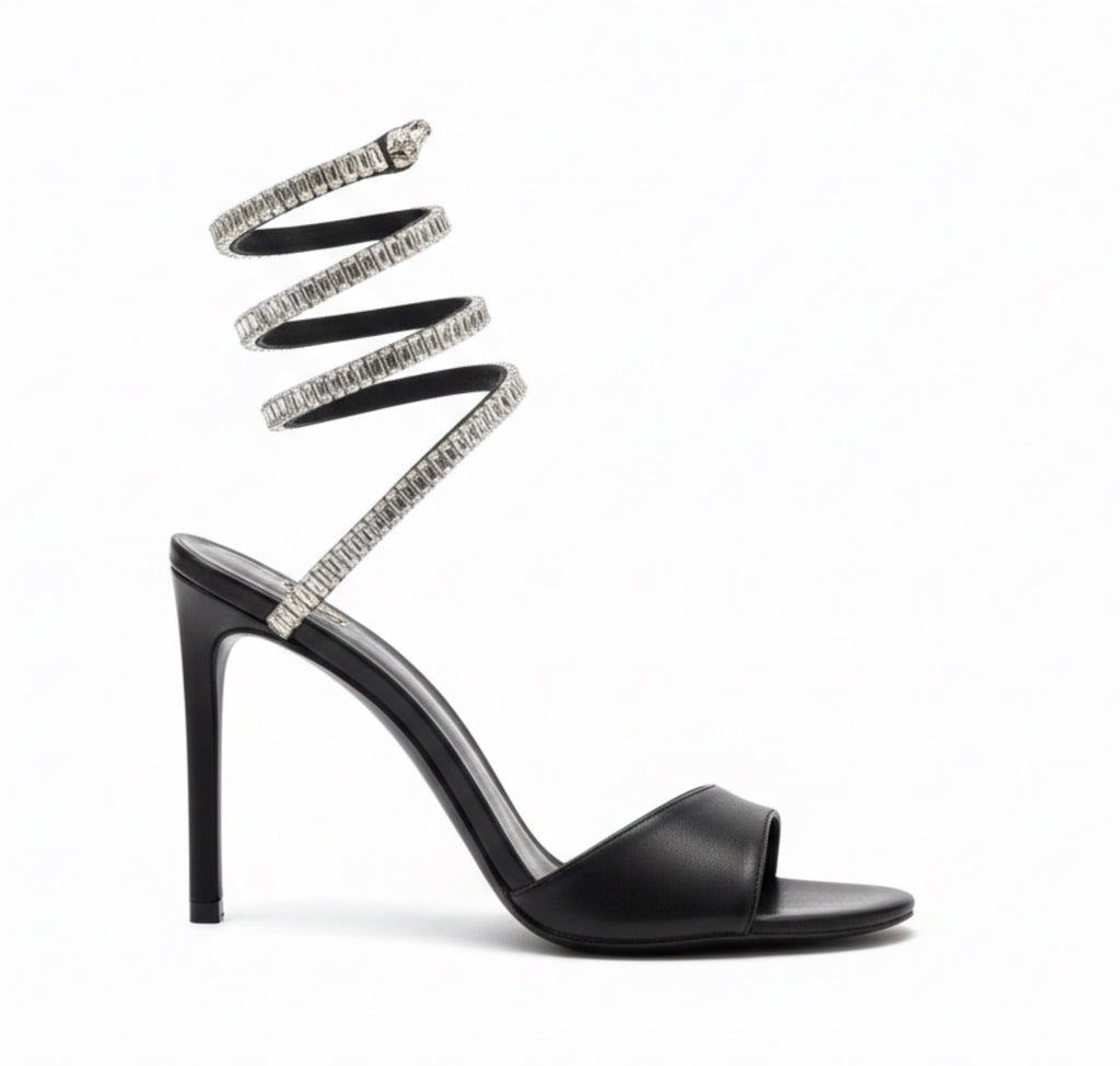 Cleo Spark stiletto sandal in Black Leather with rhinestone embellishments