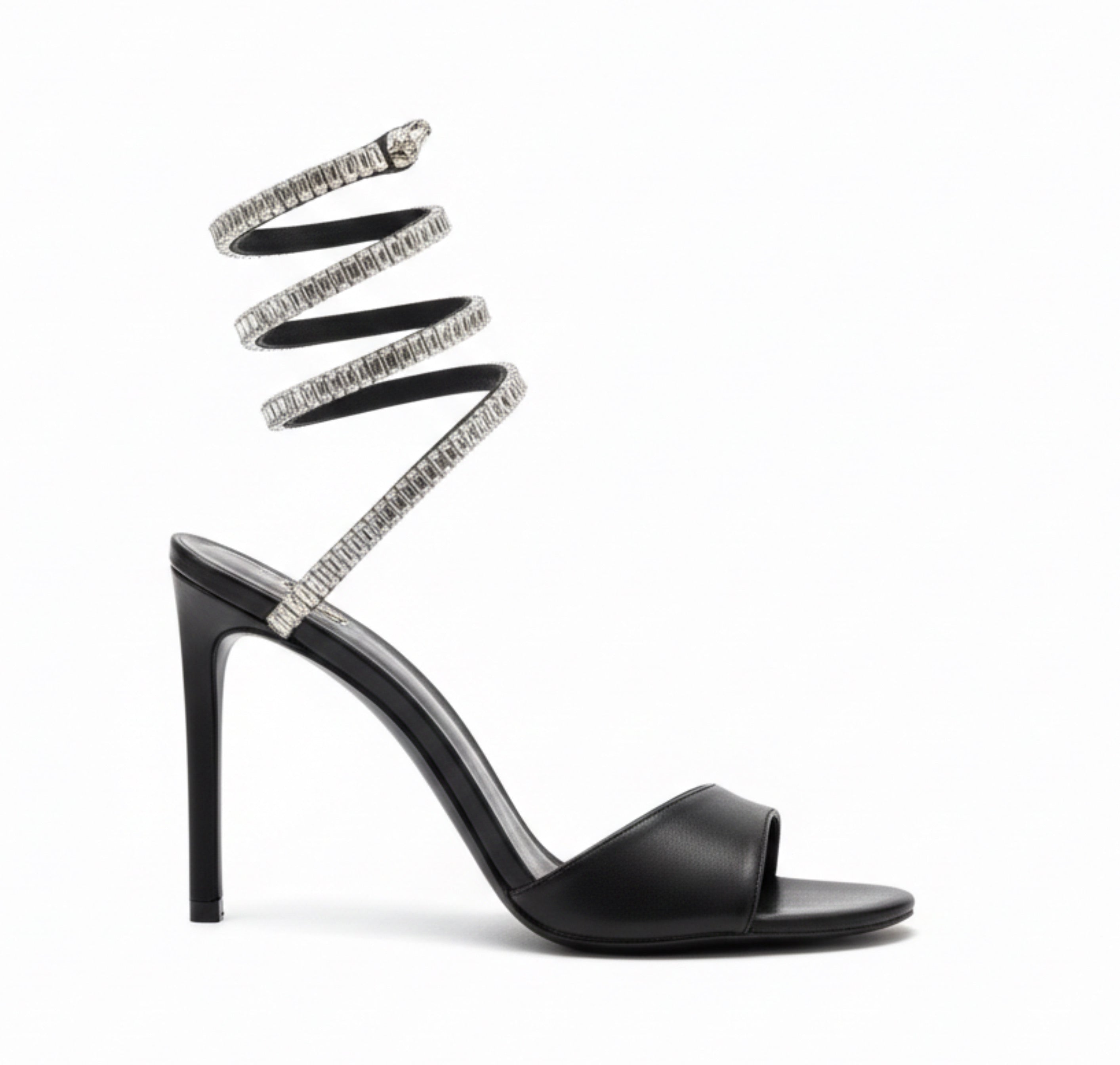 Cleo Spark stiletto sandal in Black Leather with rhinestone embellishments