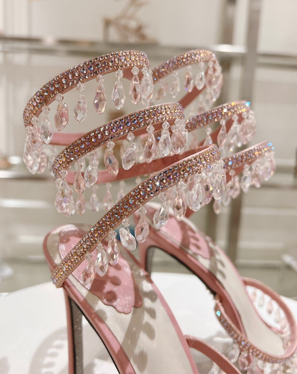 Chandelier embellished Pink satin sandals with rhinestones