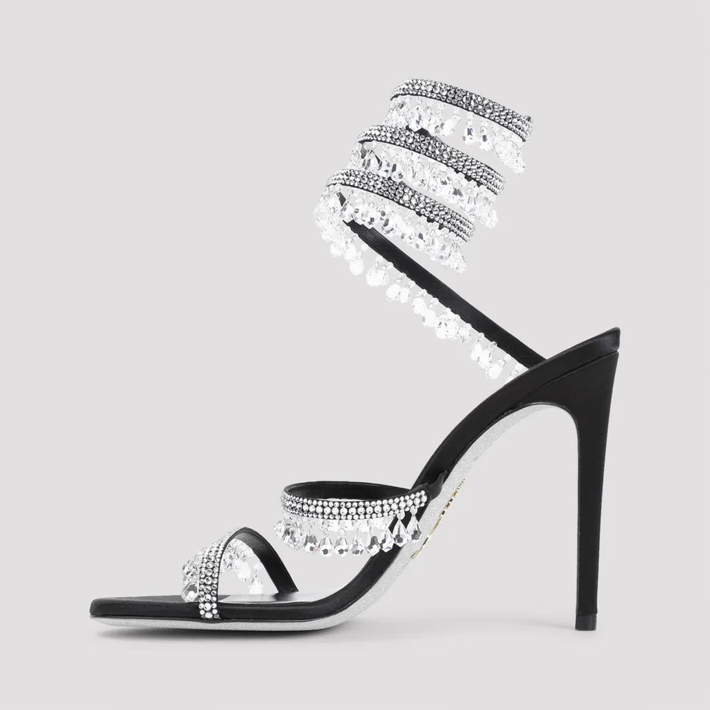 Chandelier embellished Black satin sandals with clear rhinestones