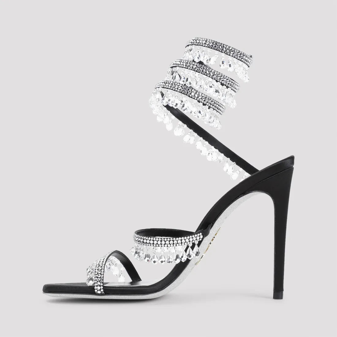 Chandelier embellished Black satin sandals with clear rhinestones