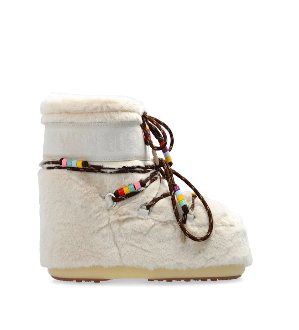 MOON BOOT Icon Low Ankle Faux Fur Beads off white