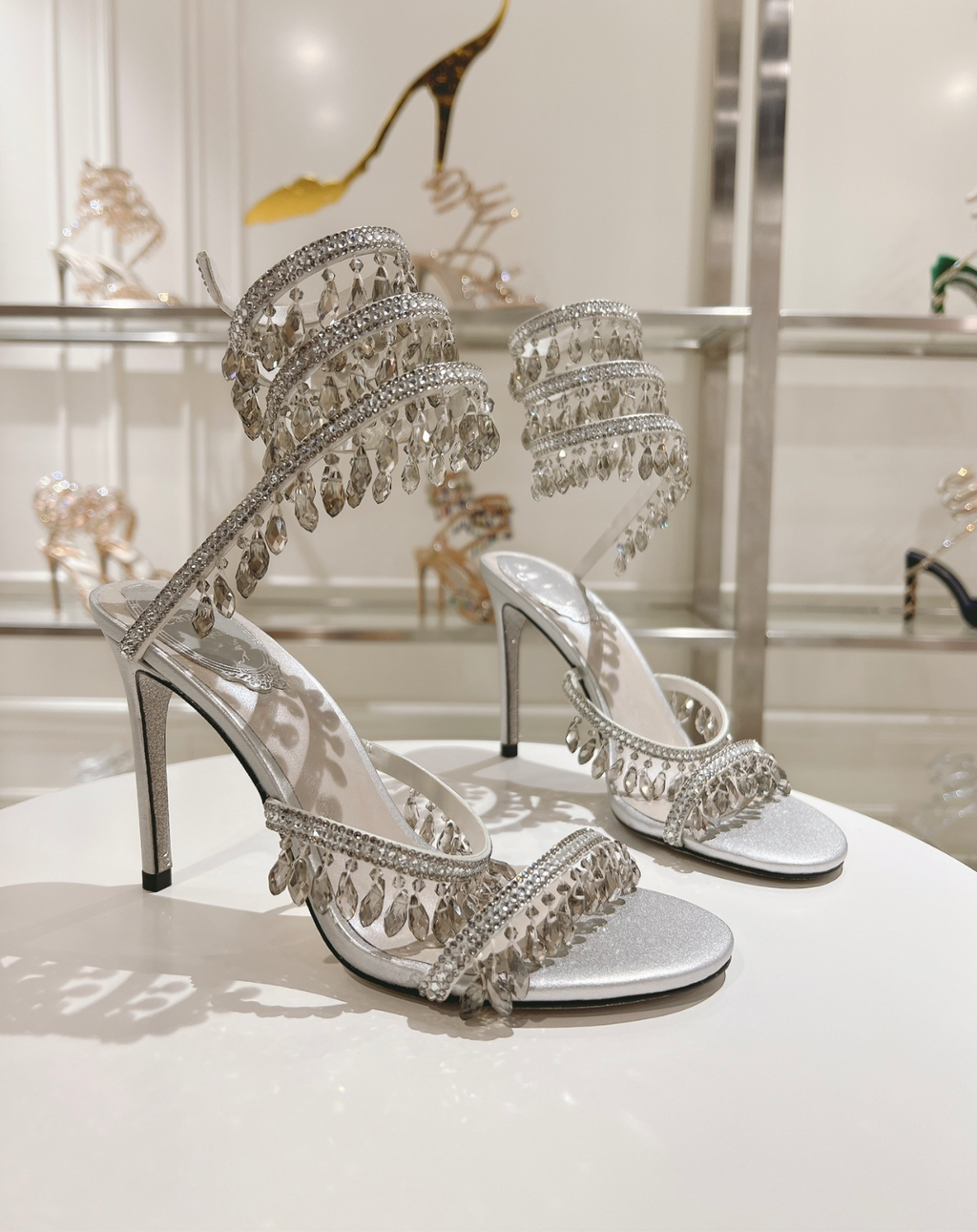 Chandelier embellished Silver satin sandals with rhinestones
