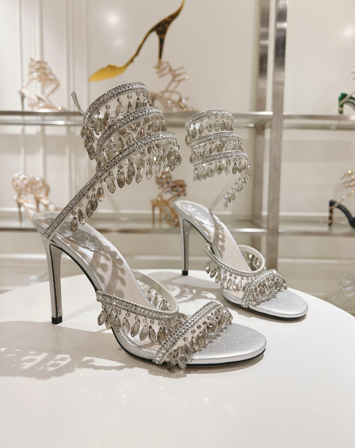 Chandelier embellished Silver satin sandals with rhinestones