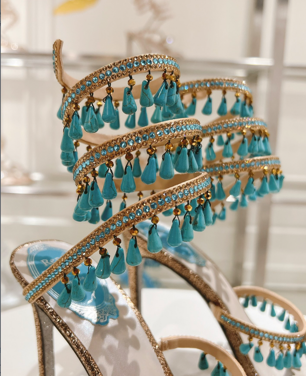 Chandelier embellished Bronze satin sandals with Blue rhinestones