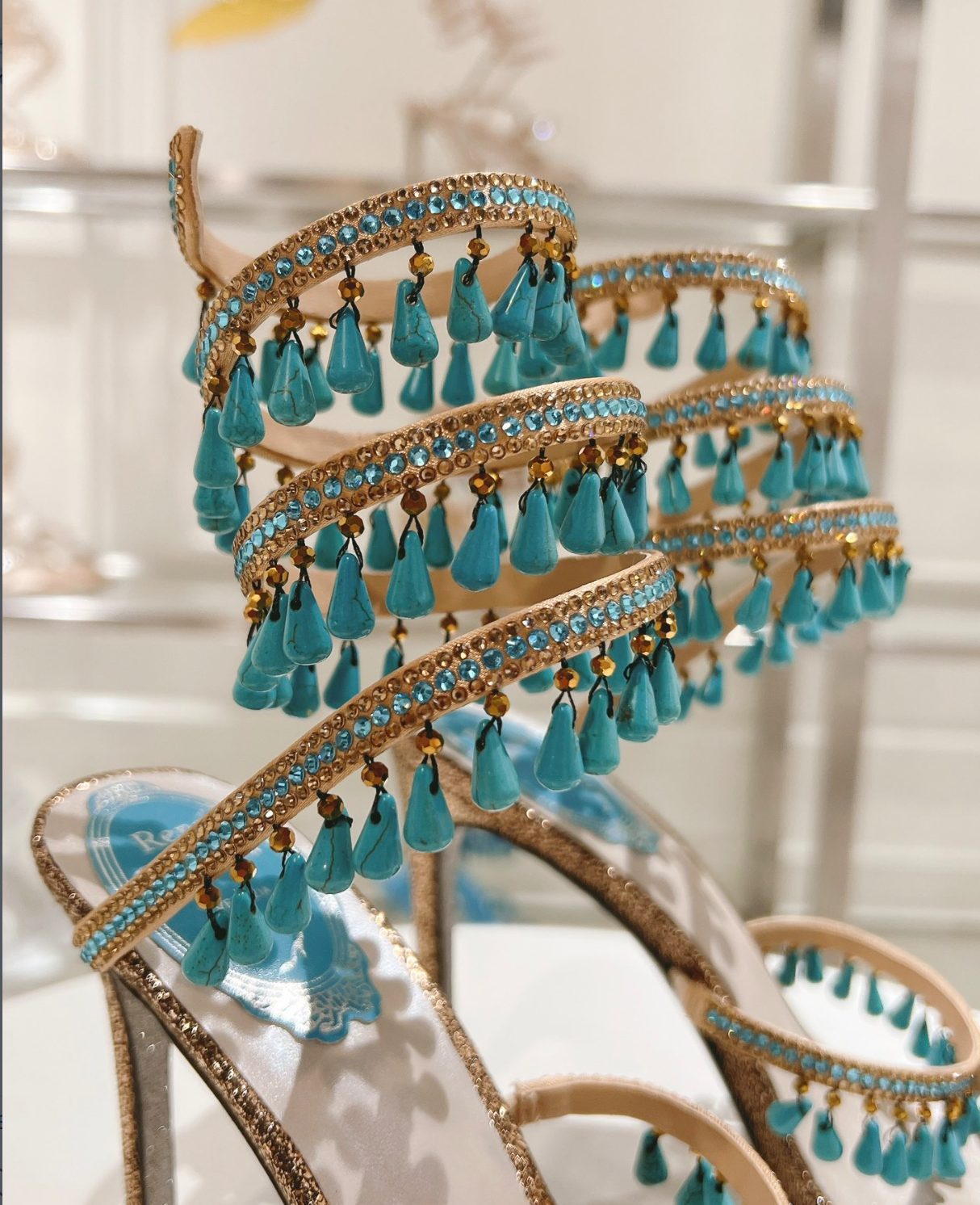 Chandelier embellished Bronze satin sandals with Blue rhinestones