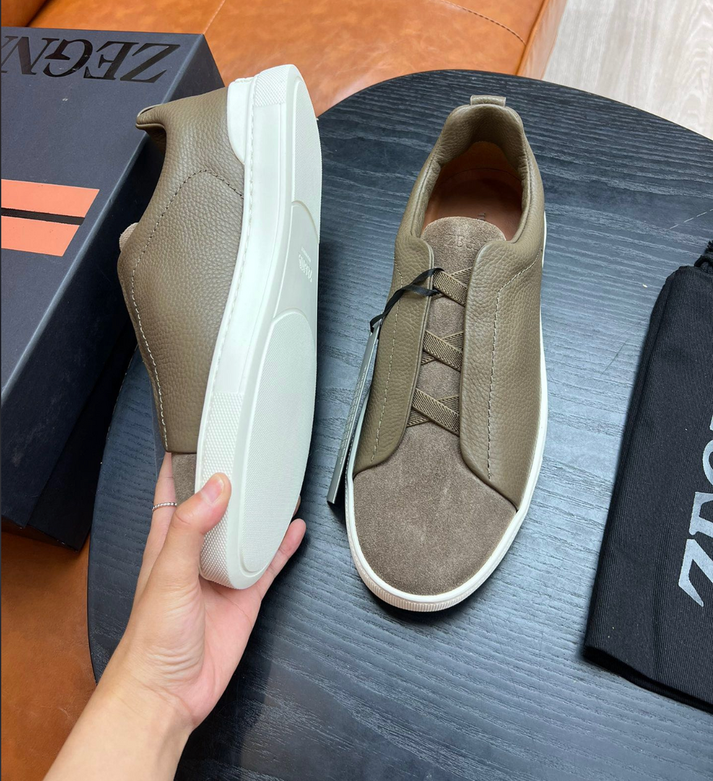Ermenegildo Zegna Olive Green Triple stitch Leather & suede