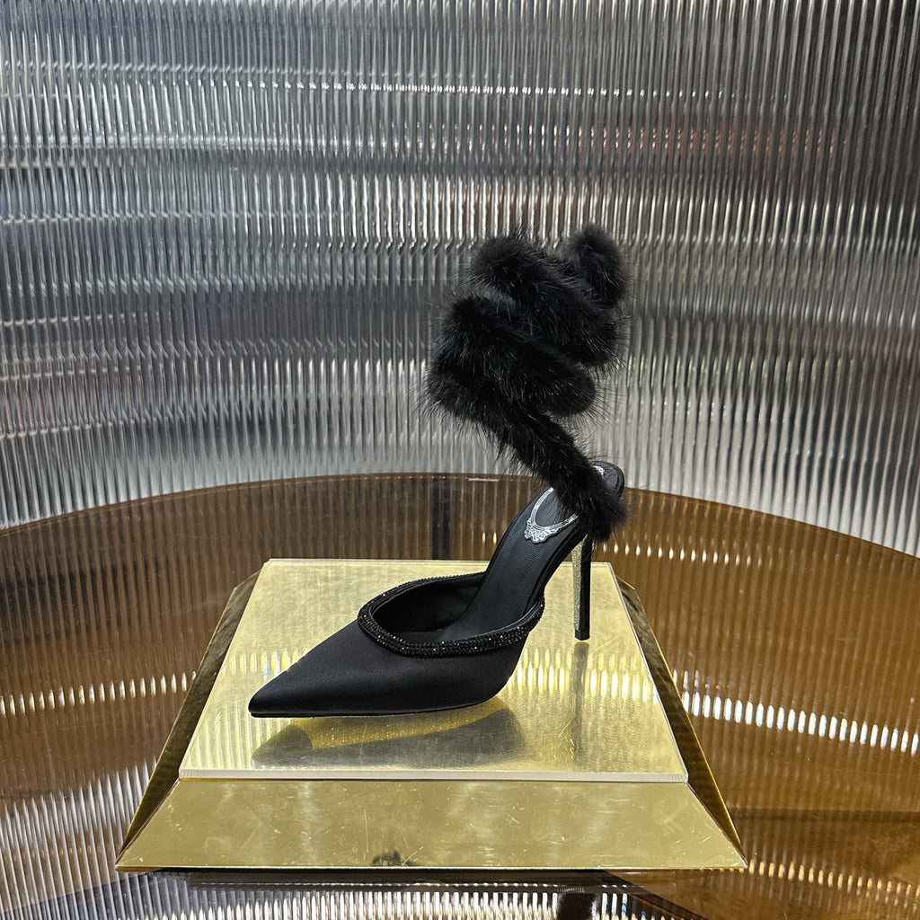 Cleo Fur-Trimmed Pump Stiletto Sandals in Black