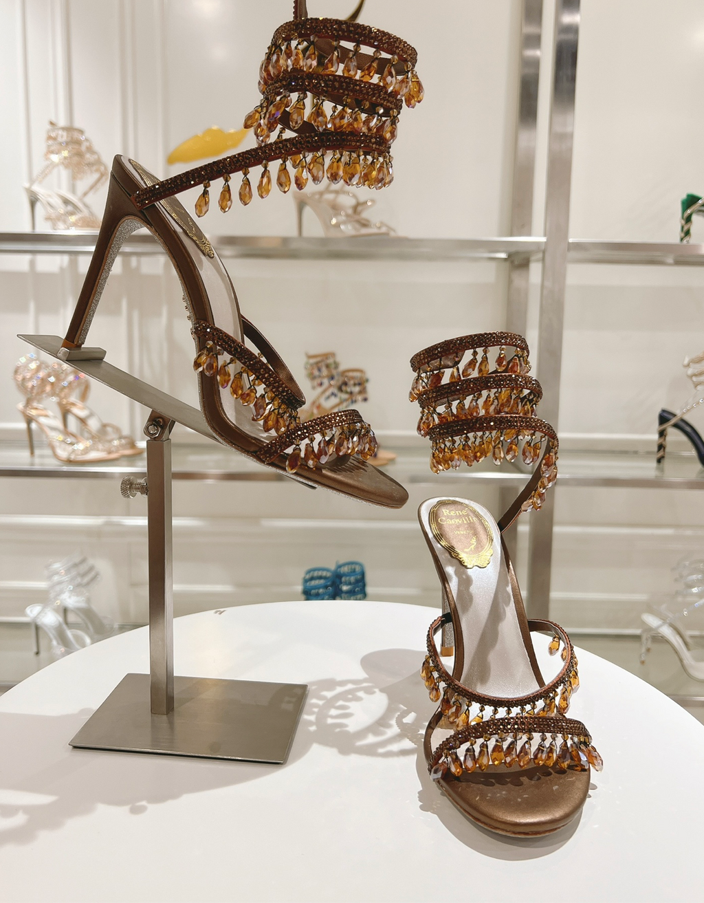 Chandelier embellished Brown satin sandals with rhinestones