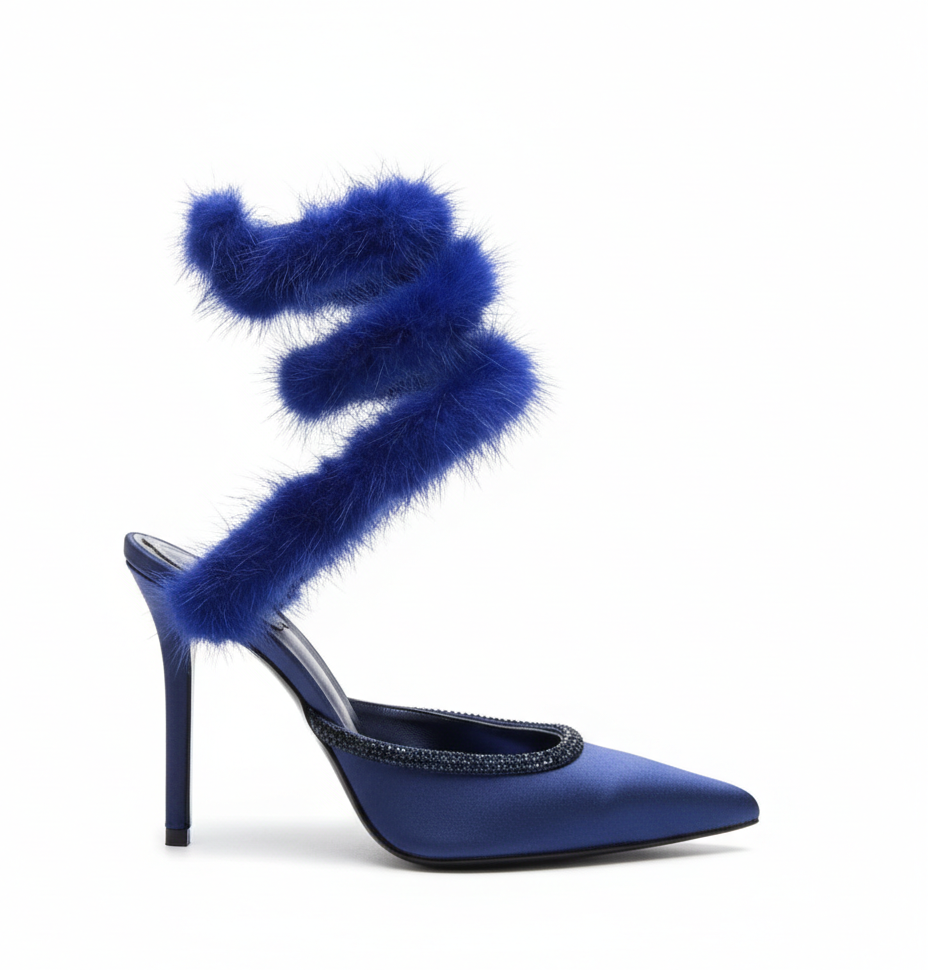 Cleo Fur-Trimmed Pump Stiletto Sandals in Blue