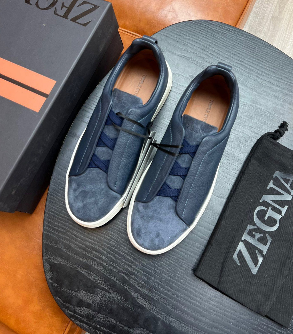 Ermenegildo Zegna Blue Triple stitch Leather & suede